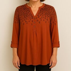 NWOT Kim Rogers Blouse Tunic Women's Size XXL Burnt Orange Rust Leopard Print